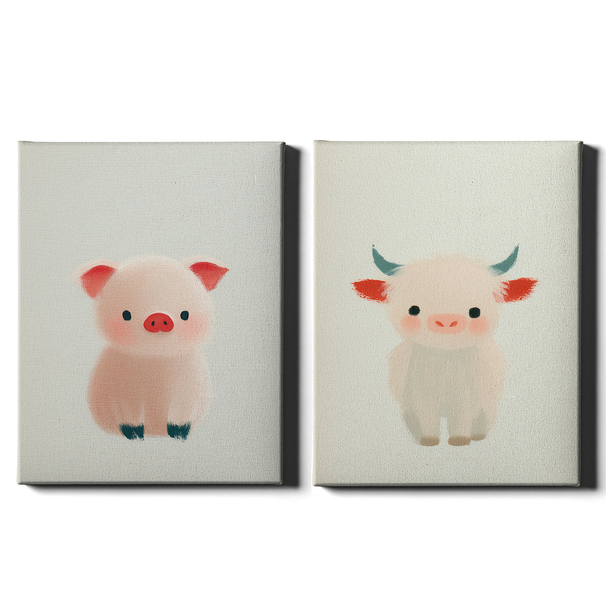 Farm Friends Set of 2 Prints featuring a cute pink piglet and fluffy baby cow - Wrapped Canvas