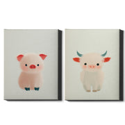 Farm Friends Set of 2 Prints featuring a cute pink piglet and fluffy baby cow - Wrapped Canvas