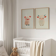 Farm Friends Set of 2 Prints featuring soft pastel baby animal illustrations on cream backgrounds