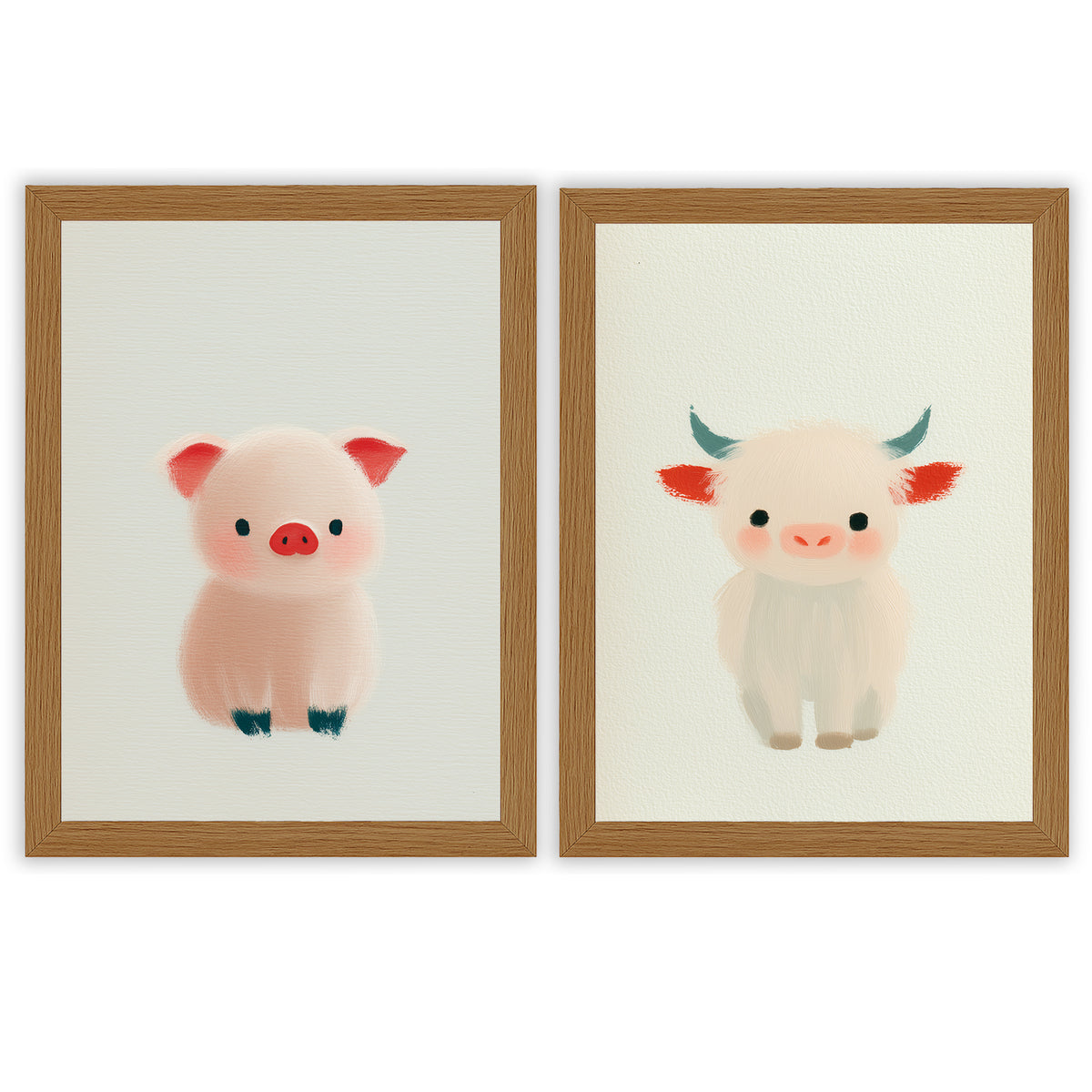 Farm Friends Set of 2 Prints featuring a cute pink piglet and fluffy baby cow - Oak Frame