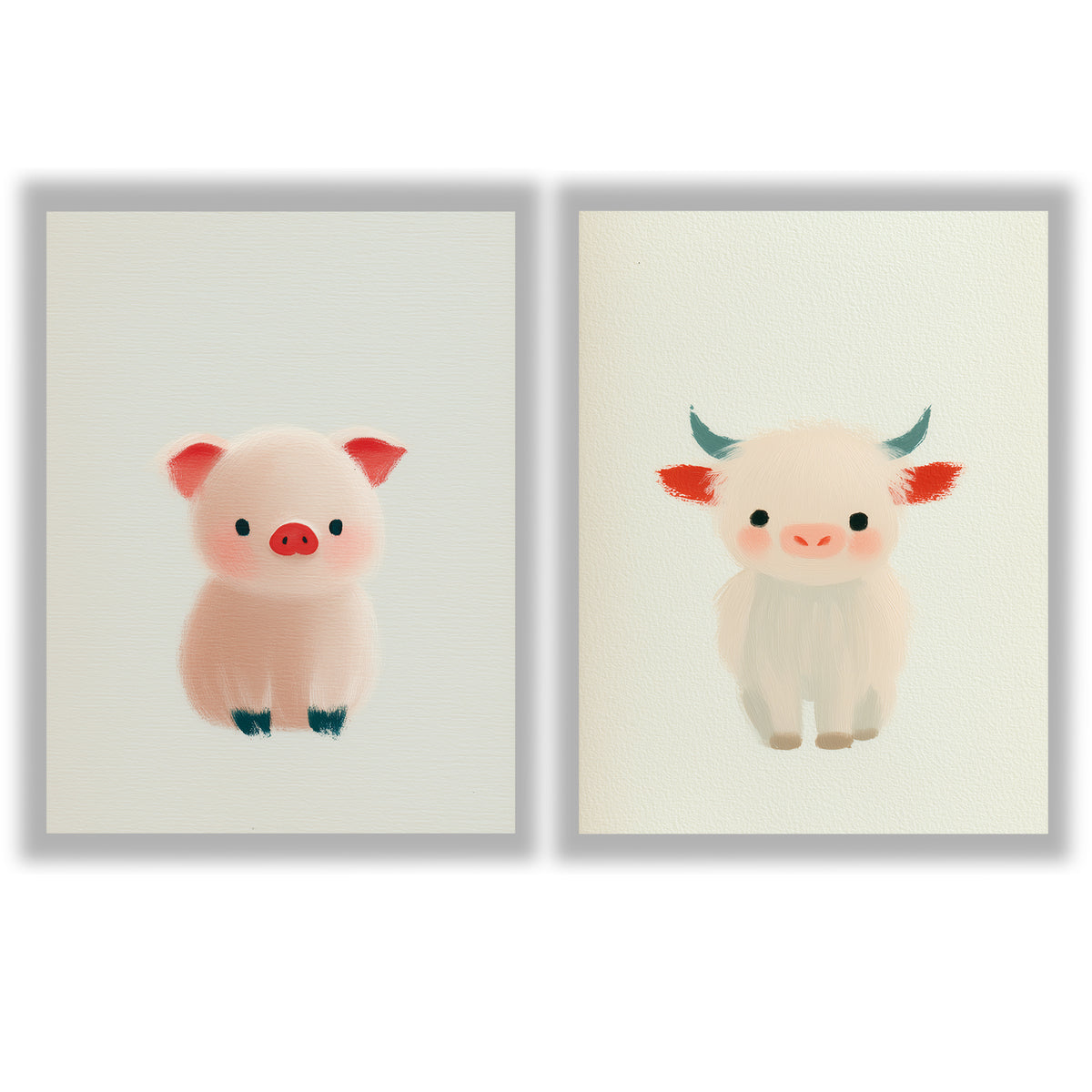 Farm Friends Set of 2 Prints featuring a cute pink piglet and fluffy baby cow - Unframed Prints