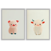 Farm Friends Set of 2 Prints featuring a cute pink piglet and fluffy baby cow - Unframed Prints