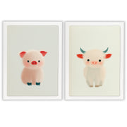 Farm Friends Set of 2 Prints featuring a cute pink piglet and fluffy baby cow - White Frame