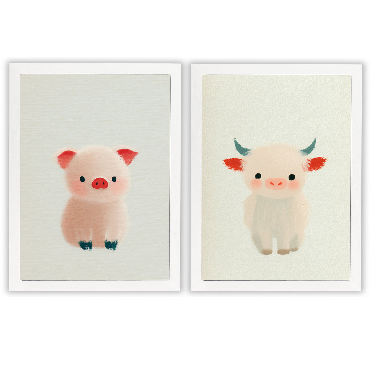 Farm Friends Set of 2 Prints featuring a cute pink piglet and fluffy baby cow - White Frame