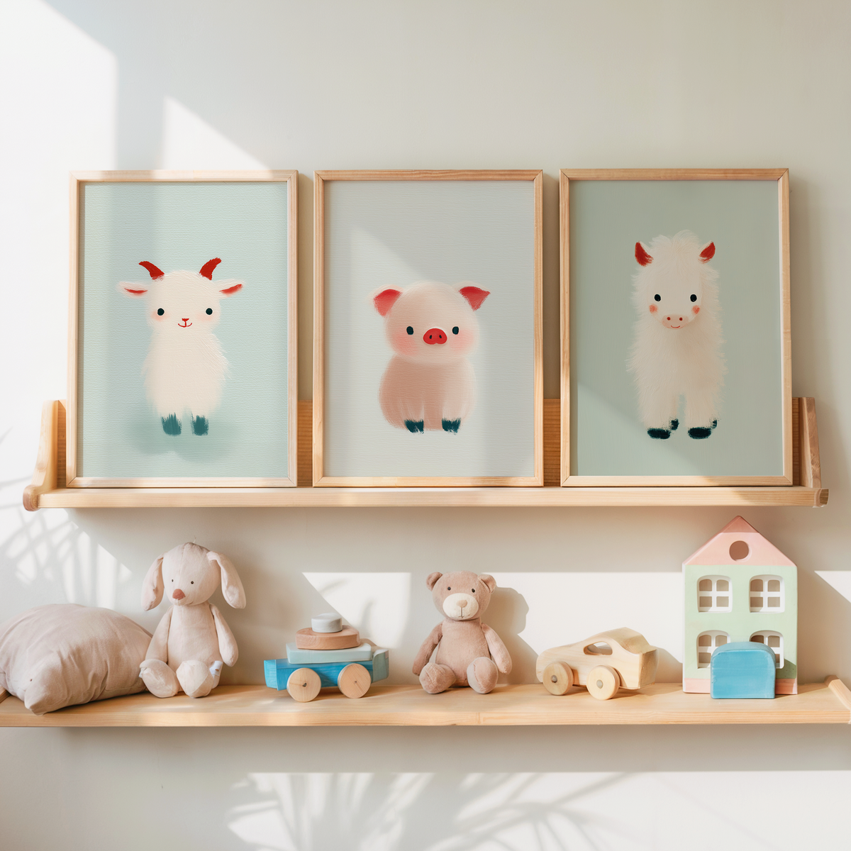 Three framed nursery wall art prints featuring cute illustrated baby farm animals—a goat, pig, and sheep—displayed on a wooden shelf above soft toys and wooden decorations.
