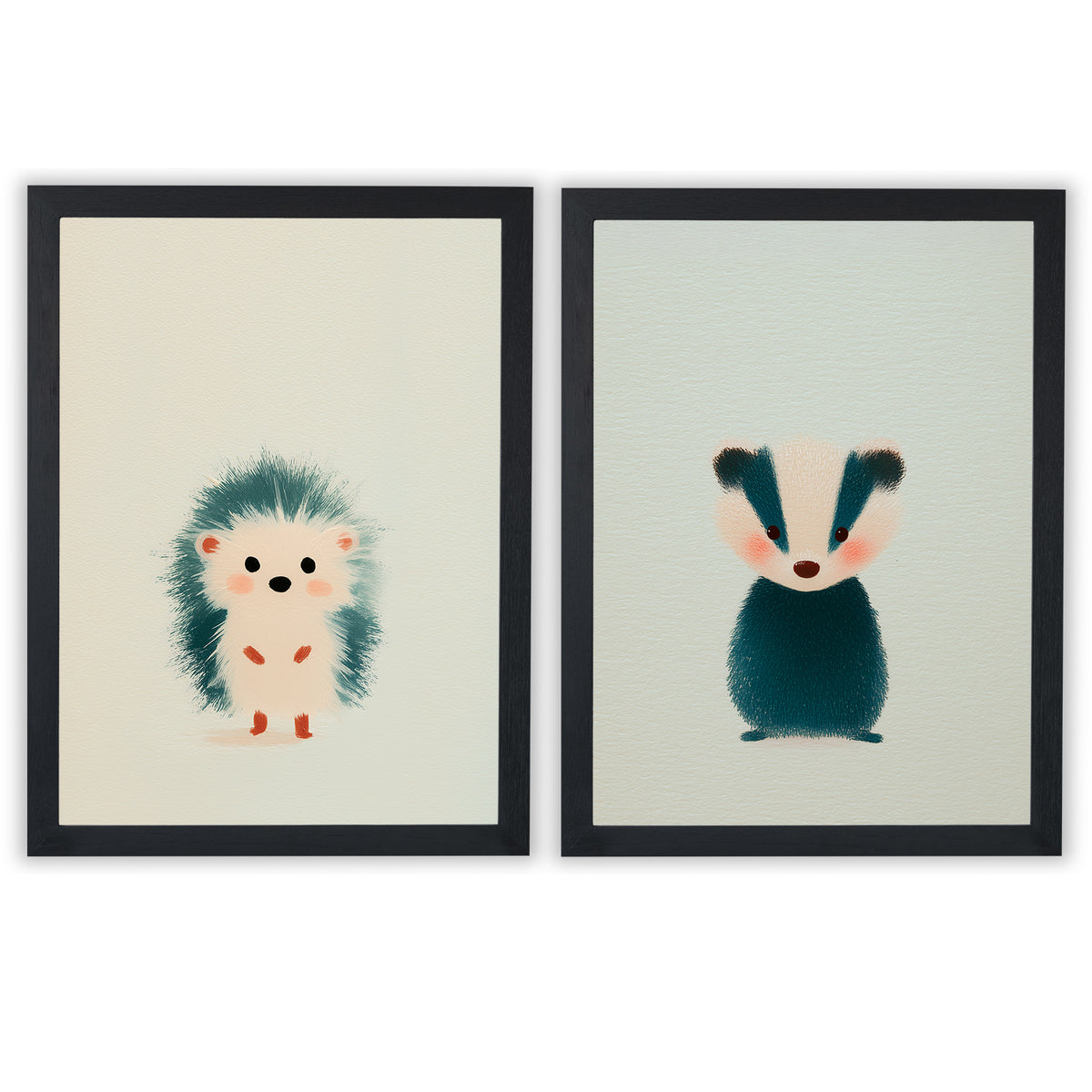 Woodland Whispers Set of 2 Prints featuring a cute hedgehog and baby badger in soft neutral tones - Black Frame