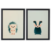 Woodland Whispers Set of 2 Prints featuring a cute hedgehog and baby badger in soft neutral tones - Black Frame
