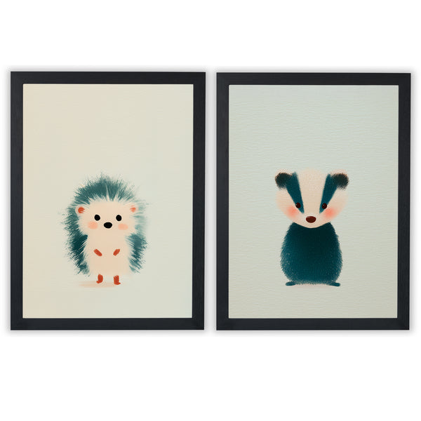 Woodland Whispers Set of 2 Prints featuring a cute hedgehog and baby badger in soft neutral tones - Black Frame