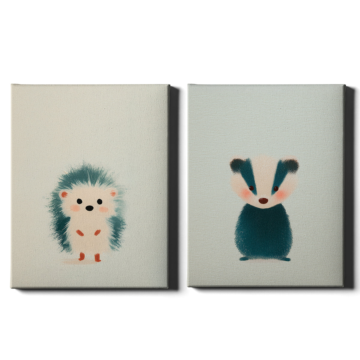 Woodland Whispers Set of 2 Prints featuring a cute hedgehog and baby badger in soft neutral tones - Wrapped Canvas