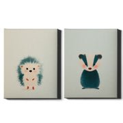 Woodland Whispers Set of 2 Prints featuring a cute hedgehog and baby badger in soft neutral tones - Wrapped Canvas