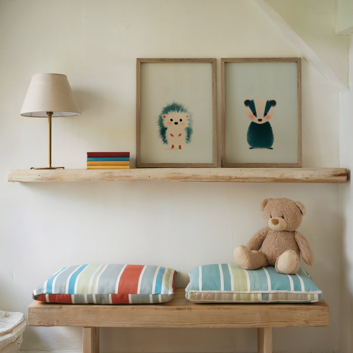 Woodland Whispers Set of 2 Prints featuring soft illustrated forest animals on warm cream backgrounds