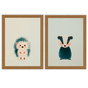 Woodland Whispers Set of 2 Prints featuring a cute hedgehog and baby badger in soft neutral tones - Oak Frame
