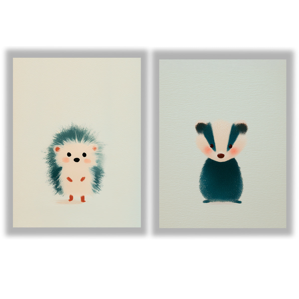 Woodland Whispers Set of 2 Prints featuring a cute hedgehog and baby badger in soft neutral tones - Unframed Prints