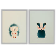 Woodland Whispers Set of 2 Prints featuring a cute hedgehog and baby badger in soft neutral tones - Unframed Prints
