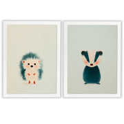 Woodland Whispers Set of 2 Prints featuring a cute hedgehog and baby badger in soft neutral tones - White Frame