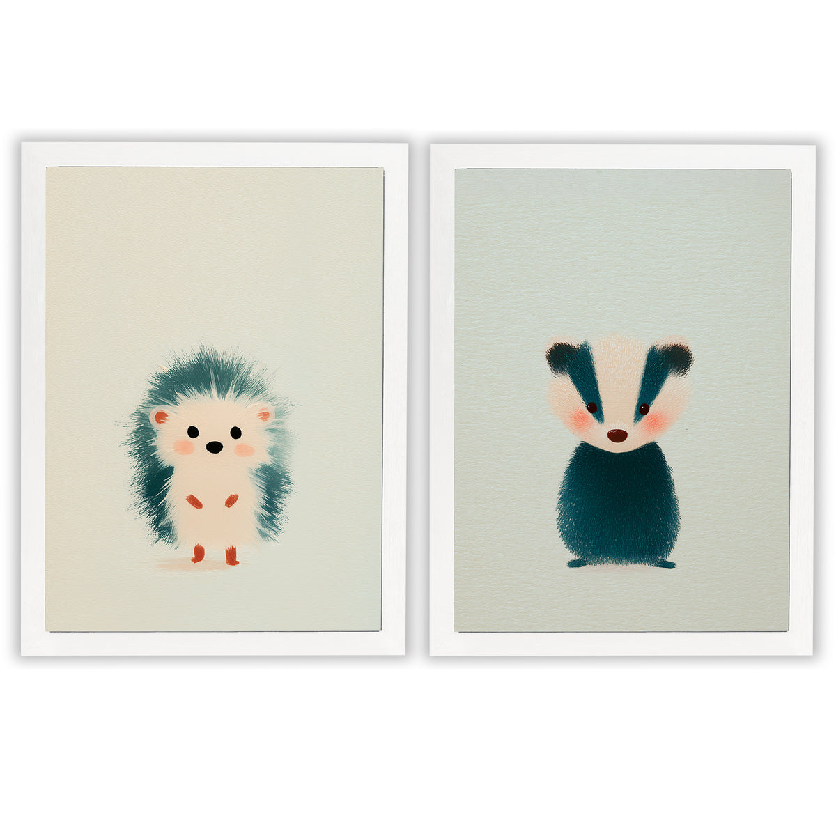 Woodland Whispers Set of 2 Prints featuring a cute hedgehog and baby badger in soft neutral tones - White Frame
