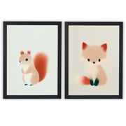 Woodland Whispers Set of 2 Prints featuring a cute squirrel and little fox in warm pastel tones - Black Frame