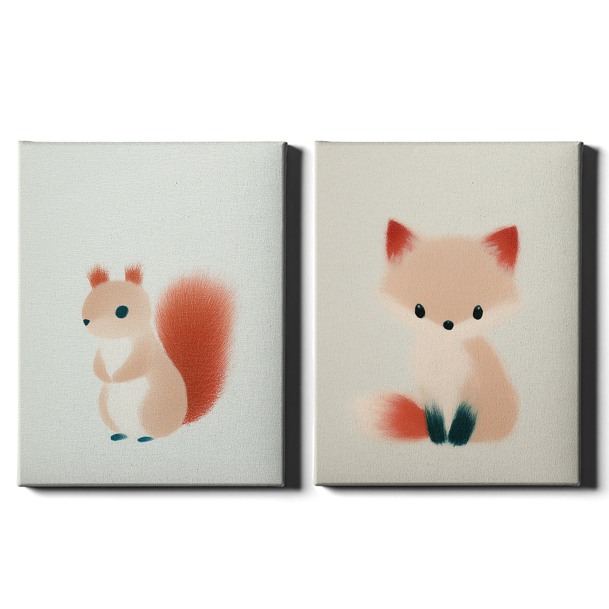 Woodland Whispers Set of 2 Prints featuring a cute squirrel and little fox in warm pastel tones - Wrapped Canvas