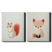 Woodland Whispers Set of 2 Prints featuring a cute squirrel and little fox in warm pastel tones - Wrapped Canvas