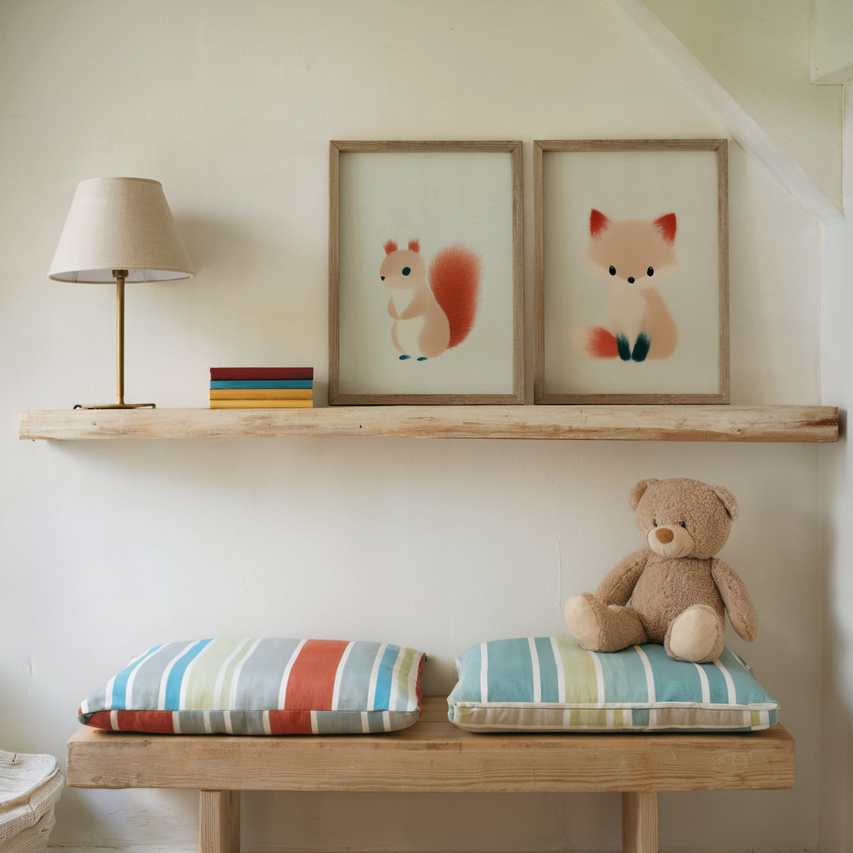 Woodland Whispers Set of 2 Prints featuring soft squirrel and fox illustrations on cream backgrounds