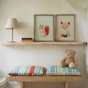Woodland Whispers Set of 2 Prints featuring soft squirrel and fox illustrations on cream backgrounds