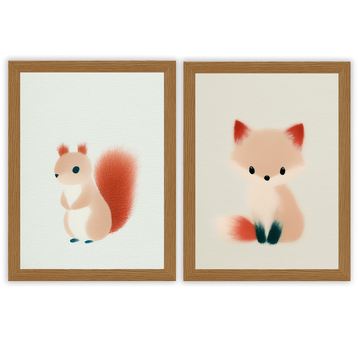 Woodland Whispers Set of 2 Prints featuring a cute squirrel and little fox in warm pastel tones - Oak Frame