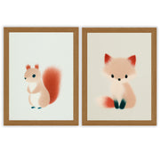 Woodland Whispers Set of 2 Prints featuring a cute squirrel and little fox in warm pastel tones - Oak Frame
