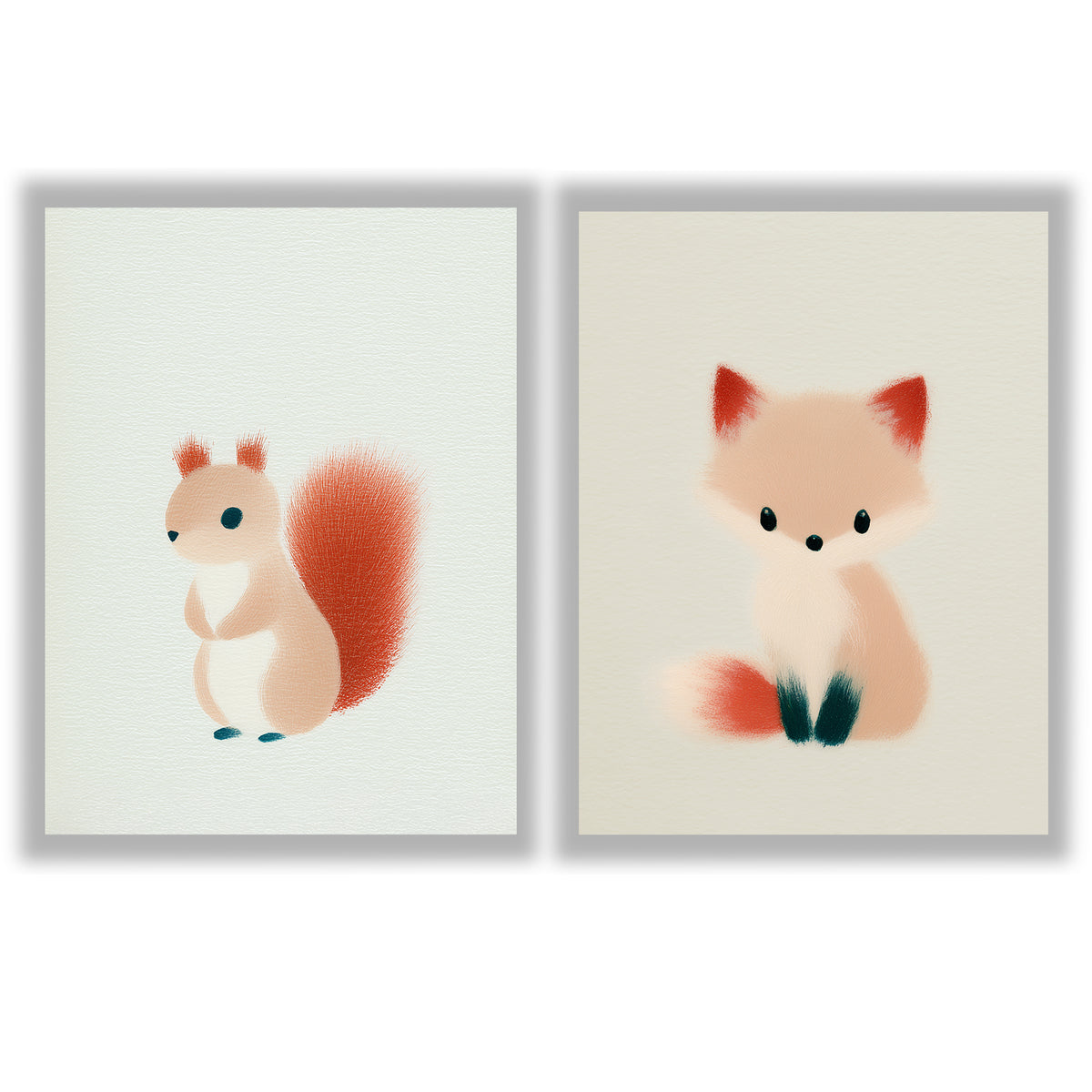 Woodland Whispers Set of 2 Prints featuring a cute squirrel and little fox in warm pastel tones - Unframed Prints