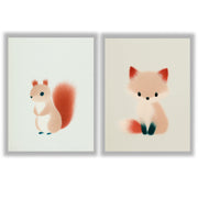 Woodland Whispers Set of 2 Prints featuring a cute squirrel and little fox in warm pastel tones - Unframed Prints