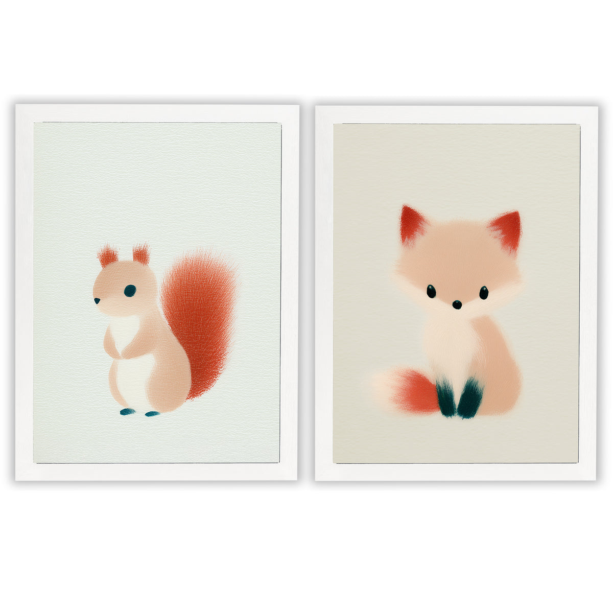 Woodland Whispers Set of 2 Prints featuring a cute squirrel and little fox in warm pastel tones - White Frame