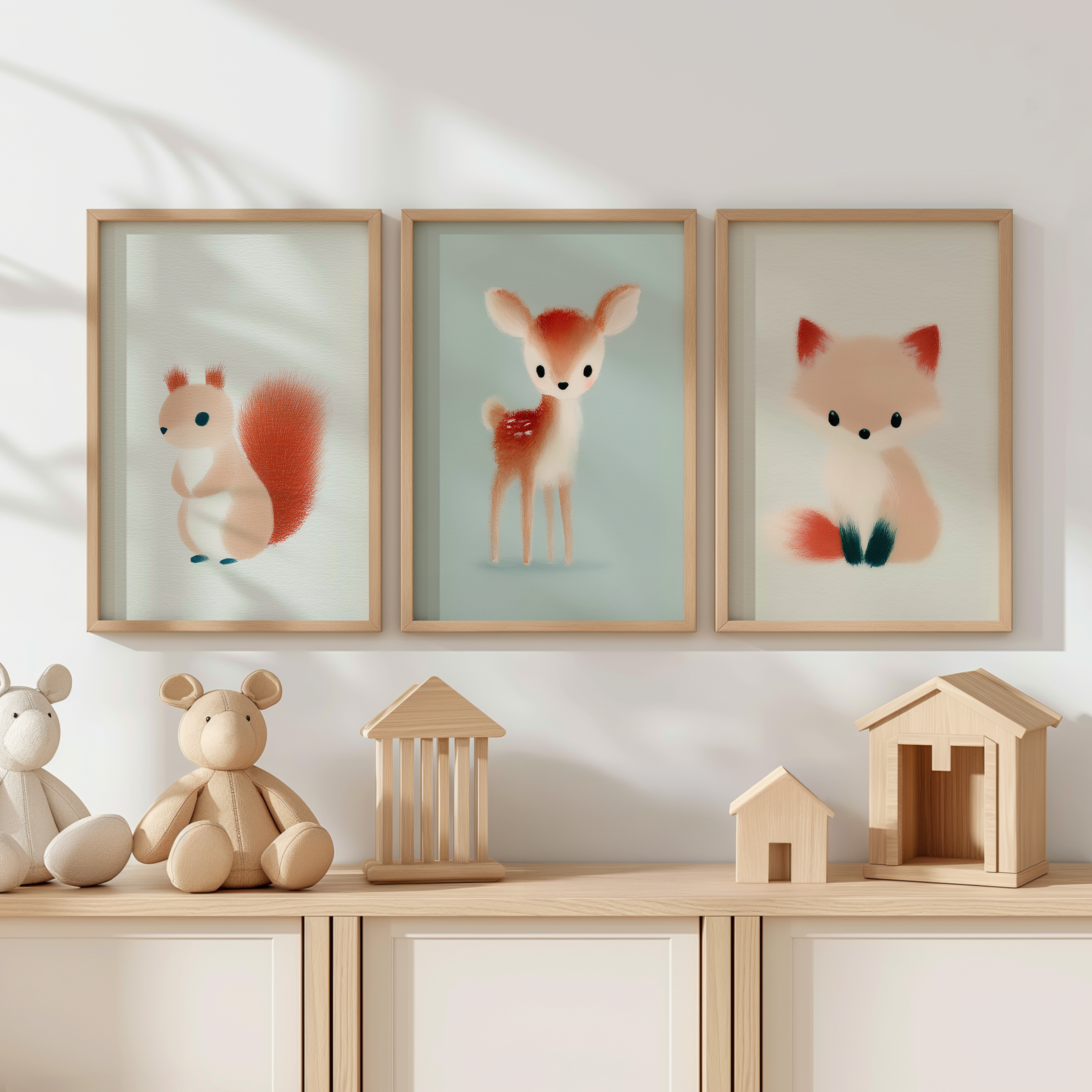 Three framed nursery prints featuring a soft, whimsical woodland squirrel, deer, and fox above a wooden shelf with toys and small wooden houses in a neutral, cozy room.