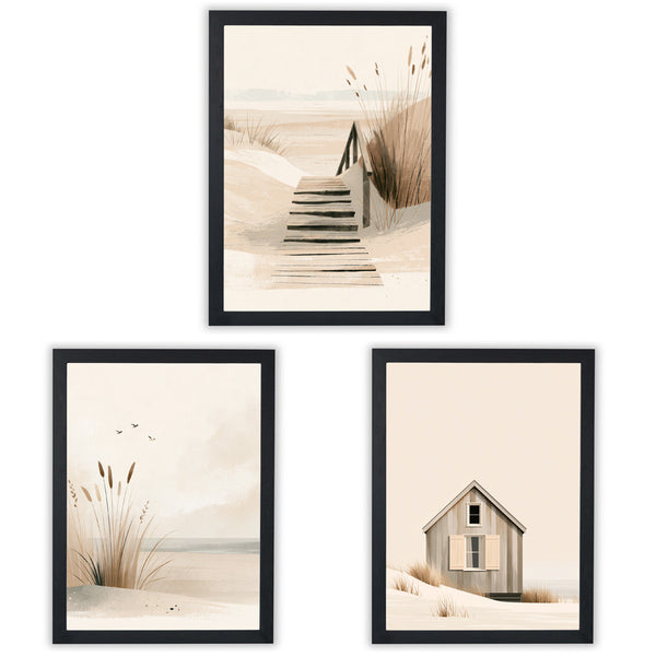 Set of 3 Neutral Coastal Wall Art Prints featuring serene beach house, dune path, and shoreline designs - Black Frame