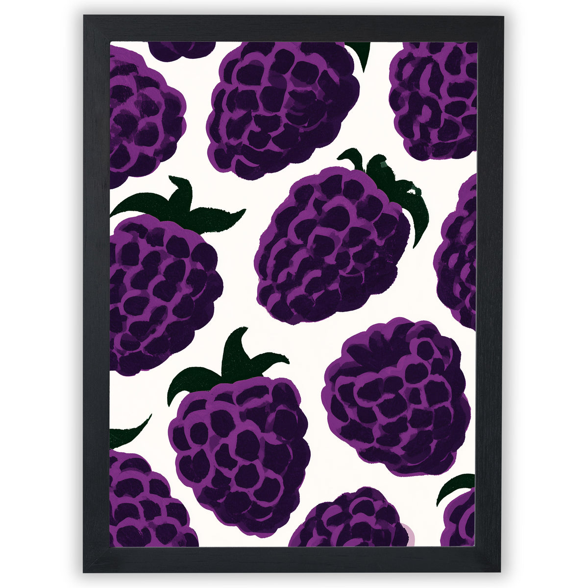 Blackberry wall art print featuring vibrant purple blackberries against a warm off-white background in a black frame.