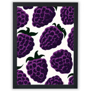 Blackberry wall art print featuring vibrant purple blackberries against a warm off-white background in a black frame.