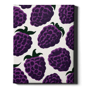 Blackberry wall art print featuring vibrant purple blackberries against a warm off-white background on a wrapped canvas.