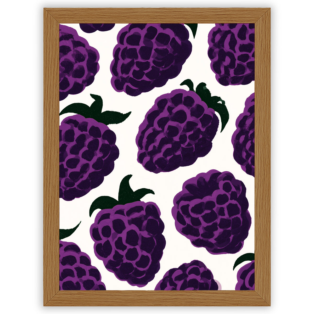Blackberry wall art print featuring vibrant purple blackberries against a warm off-white background in an oak frame.