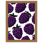 Blackberry wall art print featuring vibrant purple blackberries against a warm off-white background in an oak frame.
