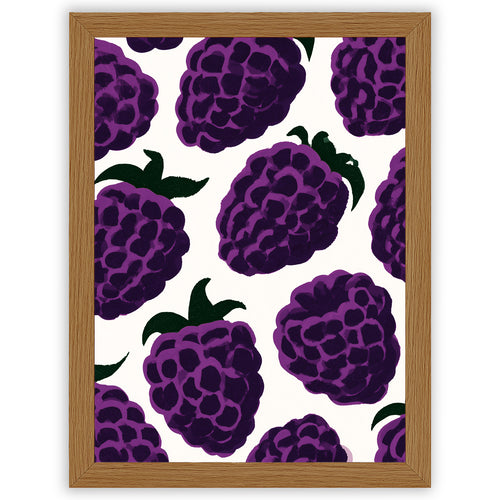 Blackberry wall art print featuring vibrant purple blackberries against a warm off-white background in an oak frame.
