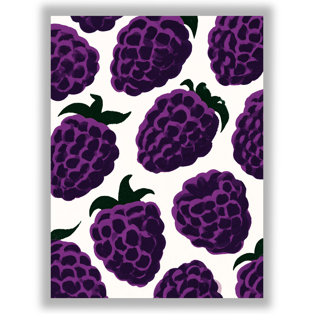 Blackberry wall art print featuring vibrant purple blackberries against a warm off-white background.