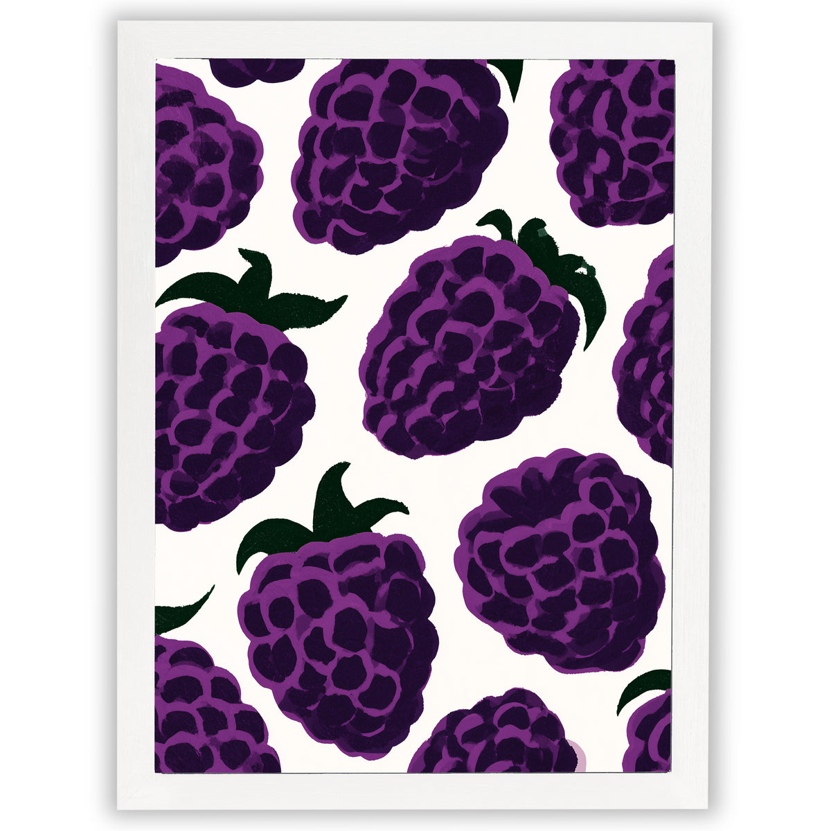Blackberry wall art print featuring vibrant purple blackberries against a warm off-white background in a white frame.