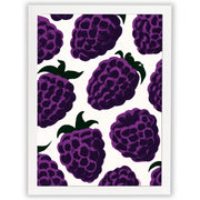 Blackberry wall art print featuring vibrant purple blackberries against a warm off-white background in a white frame.