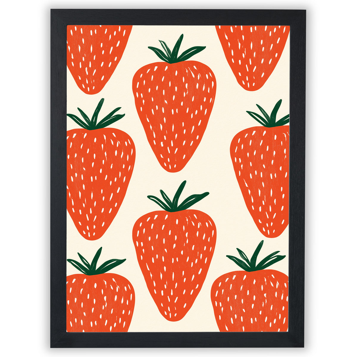 Strawberry wall art print featuring vibrant red strawberries on warm off-white background with black frame.
