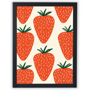 Strawberry wall art print featuring vibrant red strawberries on warm off-white background with black frame.