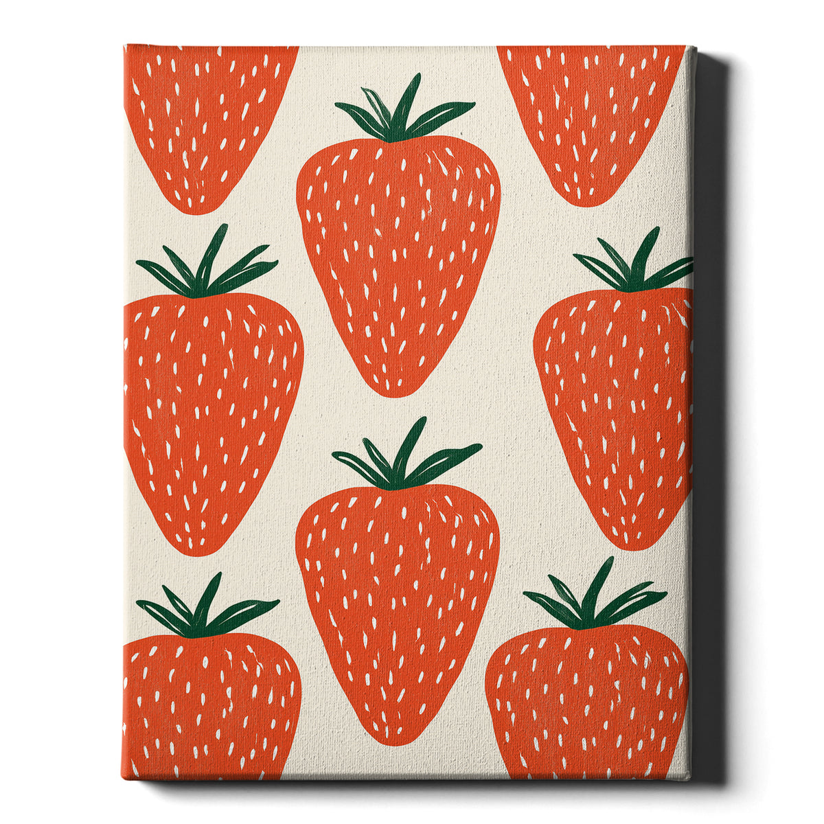 strawberry wall art print featuring oversized red strawberries on a light background, on a wrapped canvas.