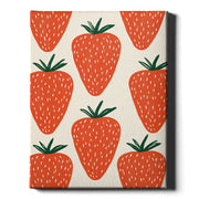 strawberry wall art print featuring oversized red strawberries on a light background, on a wrapped canvas.