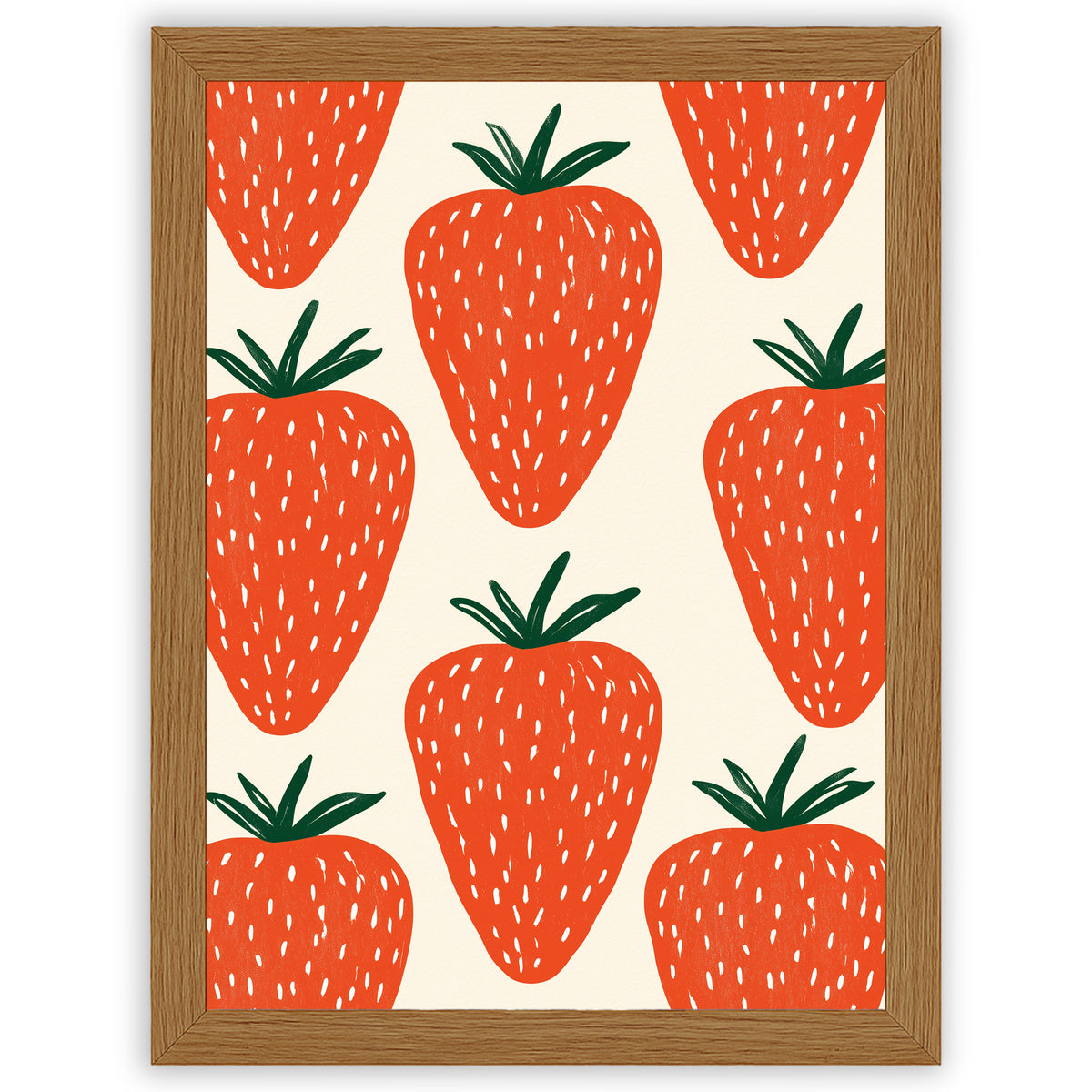 Strawberry wall art print featuring oversized red strawberries against a warm off-white background in an oak frame.