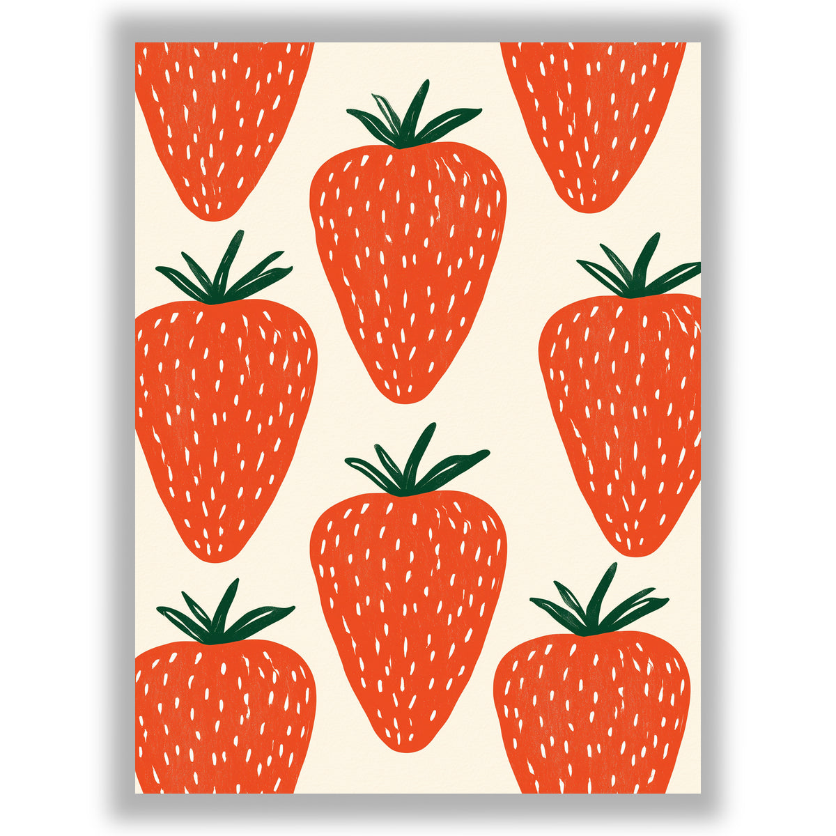 Strawberry wall art print featuring vibrant oversized red strawberries on a warm off-white background.