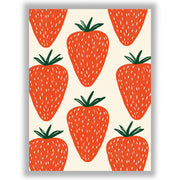 Strawberry wall art print featuring vibrant oversized red strawberries on a warm off-white background.