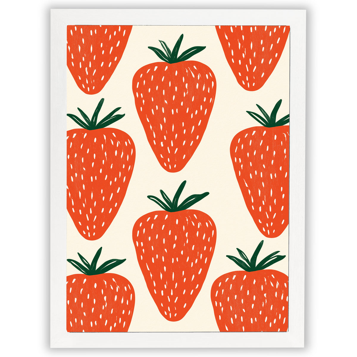 Strawberry wall art print featuring oversized red strawberries on a warm off-white background in a white frame.