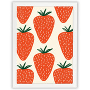 Strawberry wall art print featuring oversized red strawberries on a warm off-white background in a white frame.